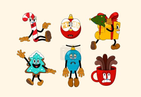 Illustration for Set of retro cartoon stickers with funny comic characters. Cute comic gloved hands characters in Contemporary style. Doodle Comic characters for holiday of the new year and christmas. - Royalty Free Image