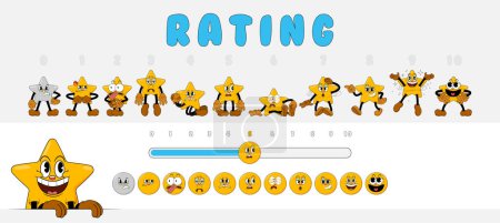 Téléchargez les illustrations : Rating scale from 1 to 10 with comic stars for consumer review. Cute rating stars characters in retro comic cartoon 1930s style. Customer feedback and positive rating. Big set of rating stars, emoji - en licence libre de droit