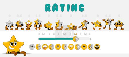 Illustration for Rating scale from 1 to 5 with comic stars for consumer review. Cute rating stars characters in retro comic cartoon 1930s style. Customer feedback and positive rating. Big set of rating stars, emoji - Royalty Free Image