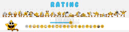 Rating scale from 1 to 10 with comic stars for consumer review. Cute rating stars characters in retro comic cartoon 1930s style. Customer feedback and positive rating. Mega set of rating stars, emoji