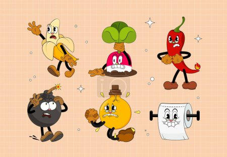 Illustration for Set of comic characters in retro cartoon style. Cute comic gloved hands characters in cartoon 1930s style. Doodle Comic characters for any life situation in new trend style. - Royalty Free Image