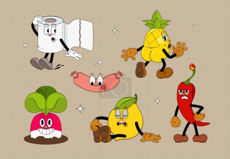 Illustration for Set of comic characters in retro cartoon style. Cute comic gloved hands characters in cartoon 1930s style. Doodle Comic characters for any life situation in new trend style. - Royalty Free Image