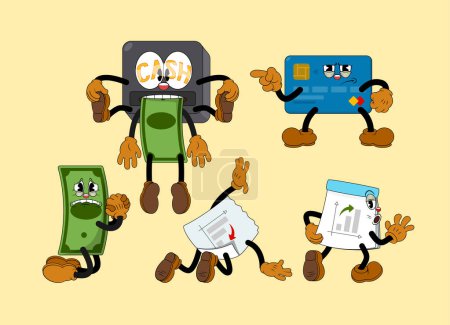 Téléchargez les illustrations : Set of comic characters in retro cartoon style. Cute comic gloved hands characters in cartoon 1930s style. Collection of comic characters on a business theme in retro cartoon style - en licence libre de droit