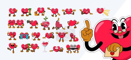 Illustration for Big set of comic red hearts characters in retro cartoon style on valentine day holiday. Cute comic hearts with funny faces emoticons in cartoon style for any life situation. - Royalty Free Image