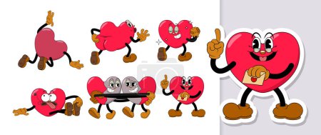 Illustration for Set of comic red hearts characters in retro cartoon style on valentine day holiday. Cute comic hearts with funny faces emoticons in cartoon style for any life situation. - Royalty Free Image