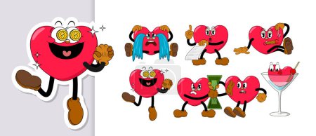 Téléchargez les illustrations : Set of comic red hearts characters in retro cartoon style on valentine day holiday. Cute comic hearts with funny faces emoticons in cartoon style for any life situation. - en licence libre de droit