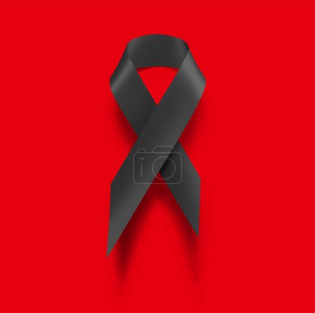 Téléchargez les illustrations : Un ruban noir de sensibilisation sur fond rouge. Symbole de deuil, deuil et mélanome. - en licence libre de droit