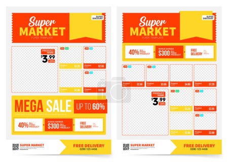 Supermarkt Produkt Promotion Flyer Vorlage. Ladenplakatgestaltung. Lebensmittelanzeigen. Supermarkt-Flyer mit Rabatten. Vektorillustration