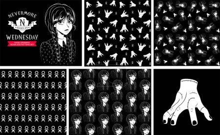 Illustration for Wednesday hand drawing seamless pattern set. Endless backdrop with character of family addams - Royalty Free Image