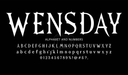 Illustration for New vector Wednesday alphabet with signs, symbols and numbers. White on black background. - Royalty Free Image