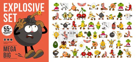 Explosive mega set of comic characters in retro cartoon style. Cute comic gloved hands characters in cartoon 1930s style. Doodle Comic characters for any life situation in new trend style.