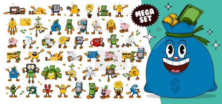 Mega Set of comic characters in retro cartoon style. Cute comic gloved hands characters in cartoon 1930s style. Collection of comic characters on a business theme in retro cartoon style