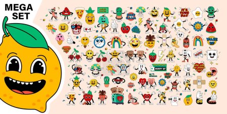 Illustration for Mega set retro cartoon stickers with funny comic characters, gloved hands. Contemporary illustration with cute comic book characters. Doodle Comic characters. Contemporary cartoon style set. - Royalty Free Image