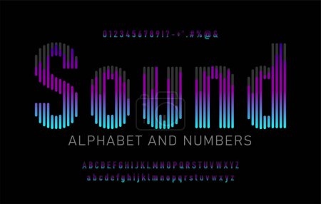 Ilustración de Diseño de fuente de estilo de onda sonora colorido, letras del alfabeto, signos, símbolos y números. Ilustración vectorial - Imagen libre de derechos