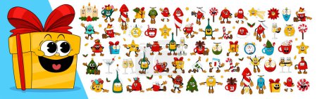 Illustration for Mega set of comic characters in retro cartoon style. Cute comic gloved hands characters in cartoon 1930s style. Doodle Comic characters for holiday of the new year and christmas. - Royalty Free Image