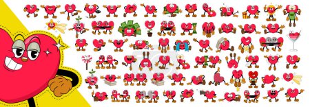 Big set of comic red hearts characters in retro cartoon style on valentine day holiday. Cute comic hearts with funny faces emoticons in cartoon style for any life situation.