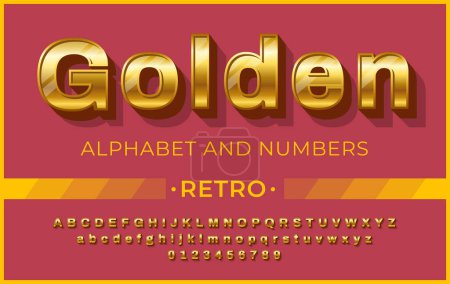 Illustration for Retro golden bold font. Gold alphabet with 3d effect and shadow. - Royalty Free Image