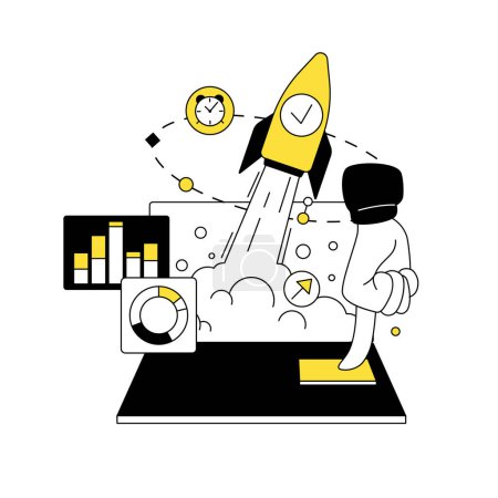 Scenes with men and women taking part in business activities. Business Concept illustrations. Business startup, project launch, successful idea, rocket, launch. Vector illustration