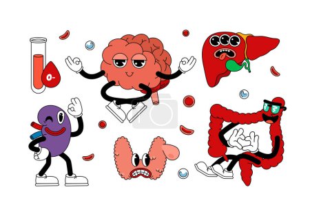 Illustration for Set of retro human organs in funny comic cartoon style, gloved hands. Contemporary illustration with cute comic book characters. Doodle comic characters. contemporary cartoon style. - Royalty Free Image