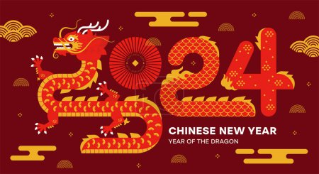 Chinesisches Neujahr 2024, Jahr des Drachen. Lunar New Year Banner mit dem traditionellen chinesischen Drachen. Hintergrund mit asiatischen Goldelementen. Tierkreiszeichen