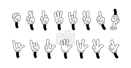 Illustration for Retro cartoon arms gestures and hands poses. Comic funny character hands in glove. Vector illustratio - Royalty Free Image