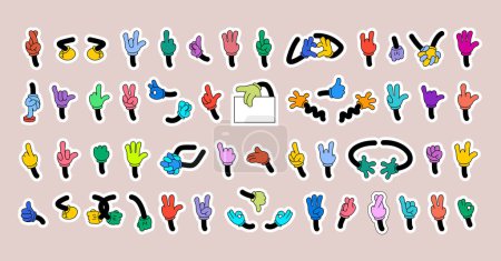 Illustration for Mega set of retro cartoon arms gestures and hands poses. Comic funny character hands in glove. Multicolored Hands in glove stickers. Vector illustration - Royalty Free Image