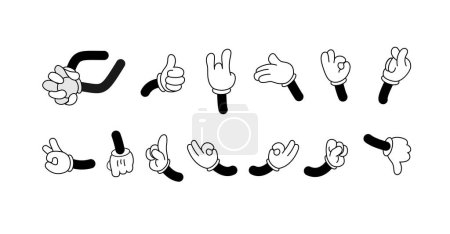 Illustration for Retro cartoon arms gestures and hands poses. Comic funny character hands in glove. Vector illustratio - Royalty Free Image