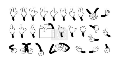Illustration for Big set of retro cartoon arms gestures and hands poses. Comic funny character hands in glove. Vector illustration - Royalty Free Image