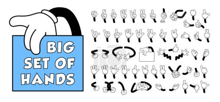 Illustration for Big set of retro cartoon arms gestures and hands poses. Comic funny character hands in glove. Vector illustration - Royalty Free Image