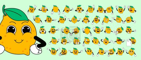 Photo for Mega set of retro cartoon stickers with funny comic Lemon characters, gloved hands. Contemporary illustration with cute comic characters. Comic lemon characters with hands. Cartoon style set - Royalty Free Image