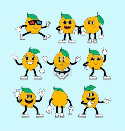 Illustration for Set of retro cartoon stickers with funny comic Lemon characters, gloved hands. Contemporary illustration with cute comic characters. Comic lemon characters with arms and legs. Cartoon style set. - Royalty Free Image