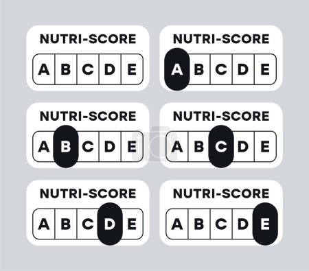Illustration for Black and white Nutrition Label indicator from (grade A) to (grade E) on white background. Nutri-Score system sign for packaging design. Vector illustration - Royalty Free Image