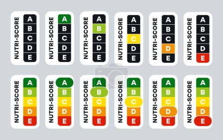 Illustration for Vertical collection 5-Colour Nutrition Label indicator from green (grade A) to red (grade E) on white background. Nutri-Score system sign for packaging design. Vector illustration - Royalty Free Image