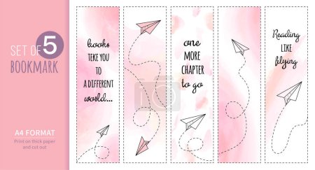 Illustration for Set of pink watercolor bookmarks backgrounds with airplanes. Vector illustration - Royalty Free Image