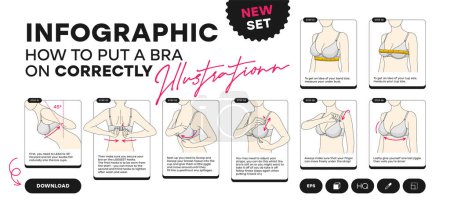 Photo for How to put a bra on correctly icons. Modern vector infographic. Step-by-step instructions, how to put on a bra correctly. - Royalty Free Image