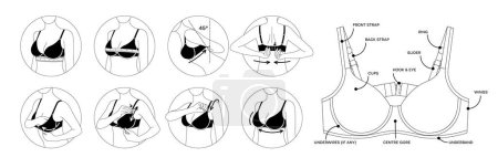 Illustration for How to put a bra on correctly icons. Modern vector infographic in black and white colors. Step-by-step instructions, how to put on a bra correctly. - Royalty Free Image