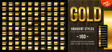 Photo for Collection from 100 vector gold gradients with color codes, Clean golden glossy materials. Set of golden colors for design, collection of high quality gradients. EPS10 - Royalty Free Image