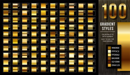 Photo for Collection from 100 vector gold gradients with color codes, Clean golden glossy materials. Set of golden colors for design, collection of high quality gradients. EPS10 - Royalty Free Image
