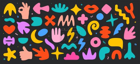 Photo for Mega set of trend abstract flat shapes in cartoon style. Collection of decorative elements for design in soft multicolored colors. Y2K.  Vector shapes Isolated on black background. - Royalty Free Image