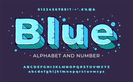 Photo for Bright blue cartoon 3D font with ink outline and drips. Playful retro bold alphabet with numbers, letters and symbols. Vector illustration - Royalty Free Image