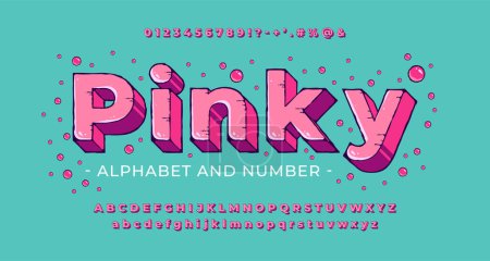 Photo for Bright pink cartoon 3D font with ink outline and drips. Playful retro bold alphabet with numbers, letters and symbols. Vector illustration - Royalty Free Image