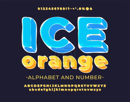 Illustration for Orange juice with ice. Ice cube style font. Frozen orange juice alphabet. Set contains big and small letters, numbers and symbols. Vector illustration - Royalty Free Image