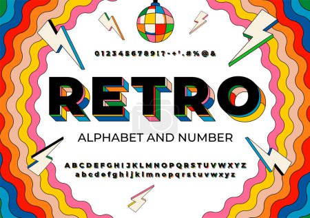 Photo for Vintage retro 3D typeface with colorful rainbow layers. Decorative letters in 70s, 80s, 90s Style. Set contains big and small letters, digits and symbols. Vector illustration - Royalty Free Image