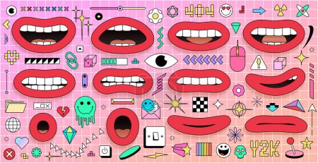 Photo for Set of mouths and fun y2k style graphic elements bundle in trendy retro 90s cartoon style. Flat abstract retro shapes pack  for poster design. Big set of trendy retro elements. Vector illustration - Royalty Free Image
