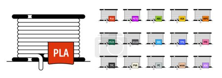 Set of outline icons. 3d printing filament spools with colorful labels for text. Flat icon. Premium quality 3D printer filament isolated on white background. Vector illustration