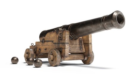 Photo for Ancient cannon on wheels with cannonballs isolated on white background with clipping path - Royalty Free Image