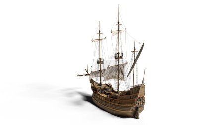 Wooden sailboat sails steampunk fantastic wooden Dutch ship in the style of engraving. Isolated On White background with clipping path.