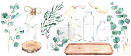 Photo for Watercolor eucalyptus branch set with glass bottle, vase, jar, wooden tray and saw cut, vintage paper tags, white lace and jute cord bow. Willow, silver dollar, true blue, baby and seeded eucalyptus - Royalty Free Image