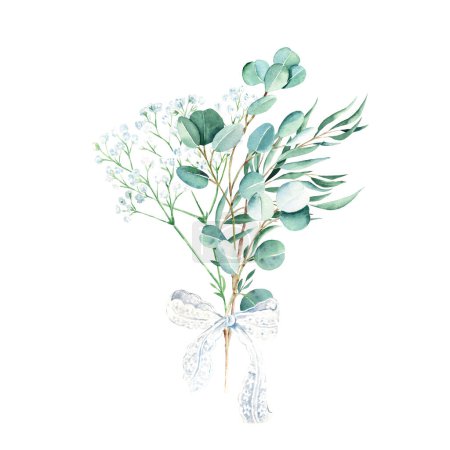 Eucalyptus watercolor bouquet. Willow, silver dollar and gypsophila branches with white lace bow. Hand drawn botanical illustration isolated on white background. Can be used for greeting cards