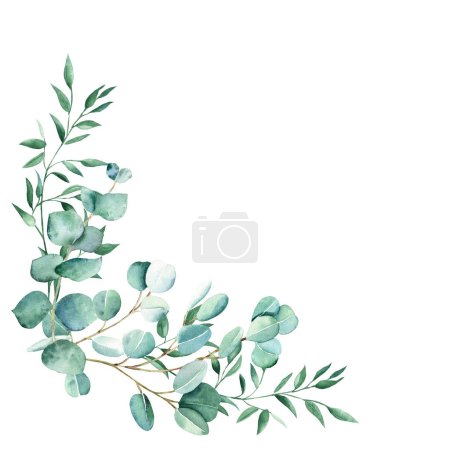 Photo for Watercolor foliage bouquet, corner. Eucalyptus and pistachio branches. Hand drawn botanical illustration isolated on white background. Can be used for greeting cards, wedding and baby shower - Royalty Free Image